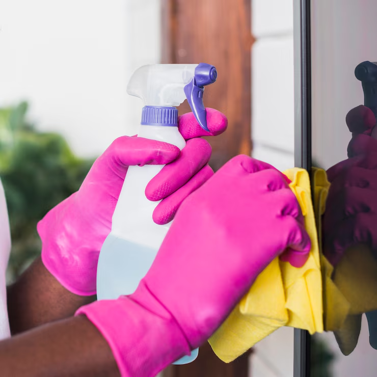 Person cleaning with pink gloves